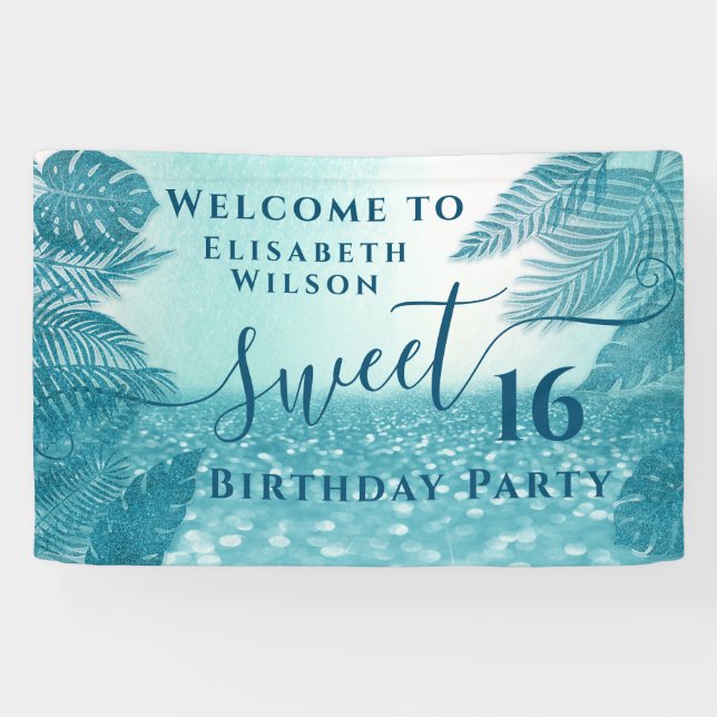 Banderoles Bleu tropical feuille gliterie sweet sixteen (Horizontal)
