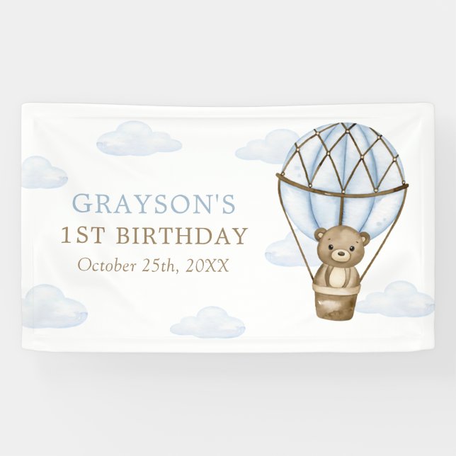 Banderoles Blue Bear Hot Air Balloon Boys 1er anniversaire (Horizontal)