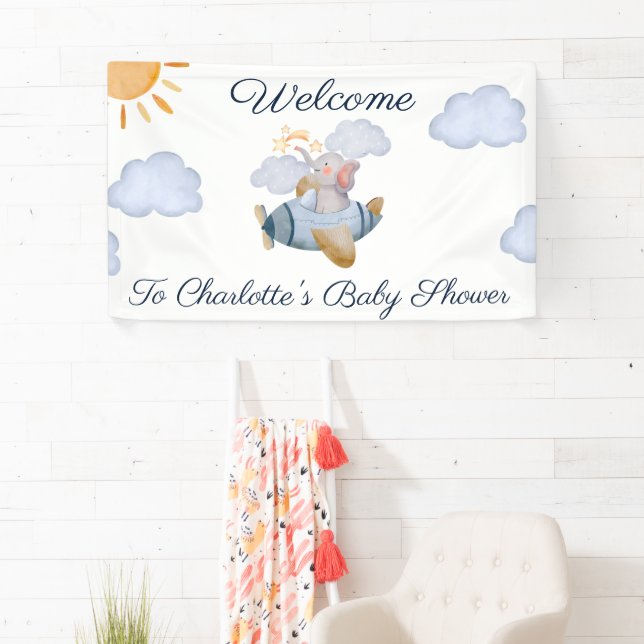 Banderoles Blue Boy's Elephant Plane Baby shower (En situation)