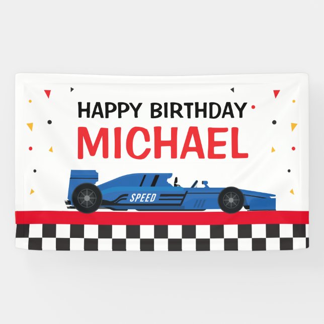Banderoles Blue Car racing Happy Birthday backdrop (Horizontal)