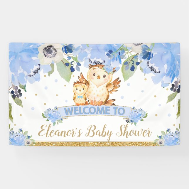 Banderoles Blue Floral Baby and maman Owl Welcome Backdrop (Horizontal)