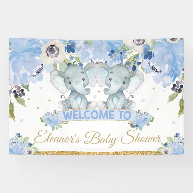 Banderoles Blue Floral Twins Elephant Boys Welcome Backdrop (Horizontal)