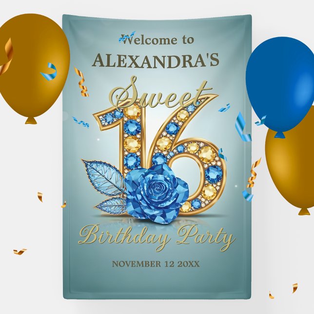Banderoles Blue Gold Gemstones Crystal Rose Sweet 16 Welcome (Créateur téléchargé)