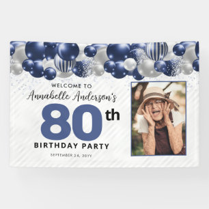 Banderoles Blue Silver Balloon Photo 80e anniversaire Bienven