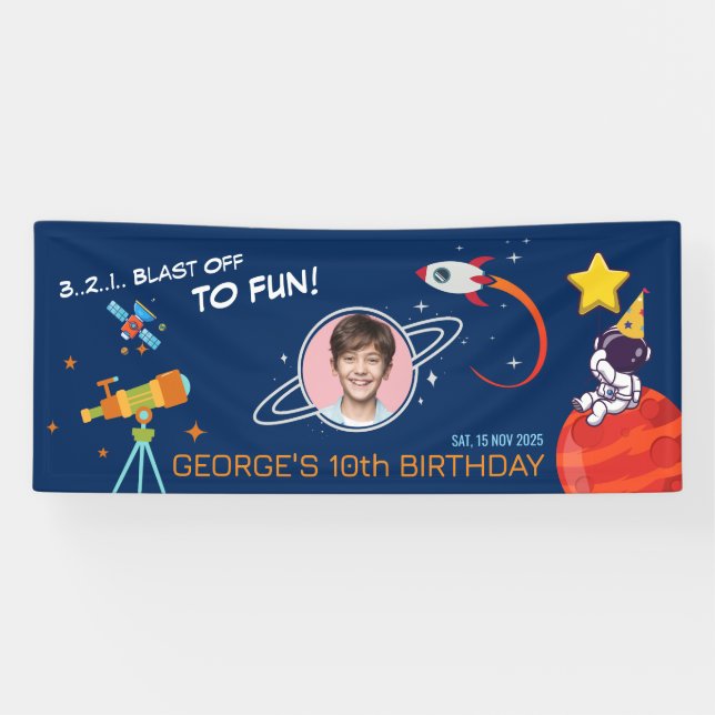 Banderoles Blue Trendy Cosmic Rocket Planet Kids Birthday (Horizontal)
