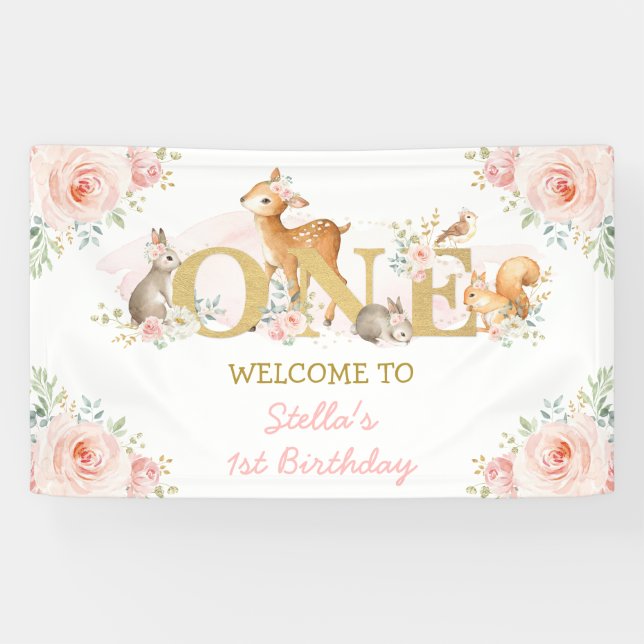 Banderoles Blush Floral Woodland Animaux 1er anniversaire Bie (Horizontal)