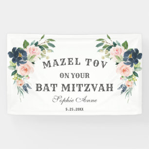 Banderoles Blush Navy Blue Flowers Bat mitzvah Affiche de bie
