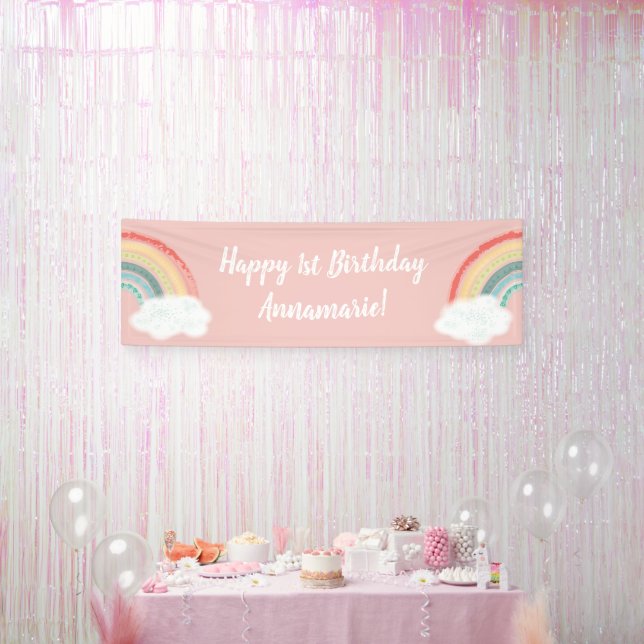 Banderoles Boho Arc-en-ciel 1er anniversaire fête Rose fille (Fête)