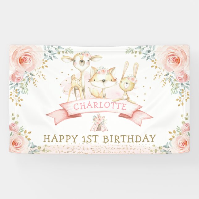 Banderoles Boho Blush Floral Gold Woodland Bienvenue à l'anni (Horizontal)
