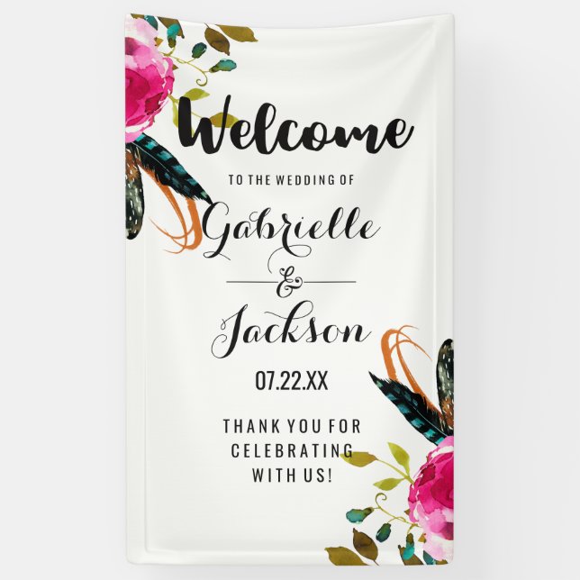 Banderoles Boho Chic Floral Aquarelle Mariage Bienvenue (Vertical)