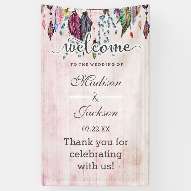 Banderoles Boho Dreamcatcher & Feathers Mariage rose Bienvenu (Vertical)