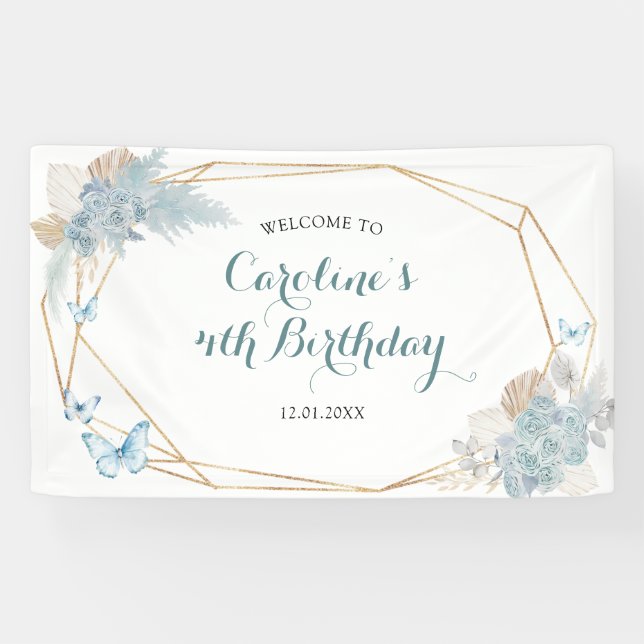 Banderoles Boho Dusty Bleu Papillon Anniversaire Grand (Horizontal)