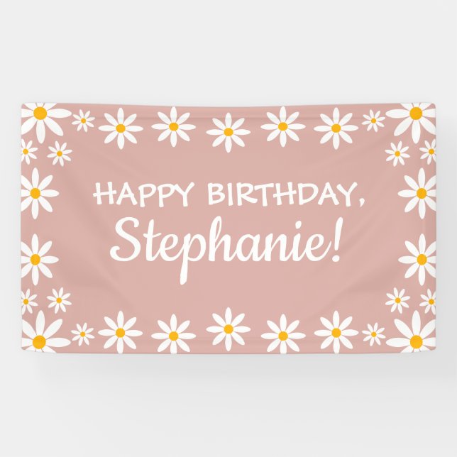 Banderoles Boho Dusty Rose rose Retro Daisies Anniversaire (Horizontal)