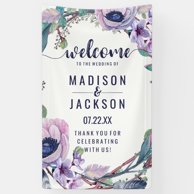 Banderoles Boho Feather & Floral Wreath Mariage Bienvenue (Vertical)