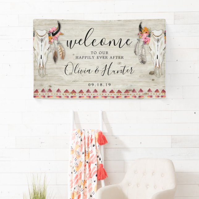Banderoles Boho Floral Feather Antler Crâne Mariage Bienvenue (En situation)