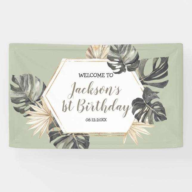 Banderoles Boho Green Sage Boy Wild Un Anniversaire Grande ba (Horizontal)
