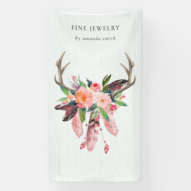 Banderoles Boho Rustique Bois Floral Plumes Antler Business (Verticale)