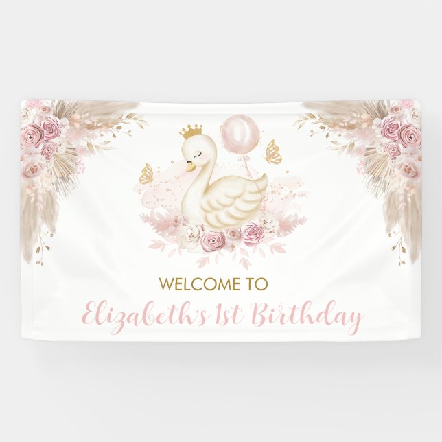 Banderoles Boho Swan Princess Blush Pink Floral Welcome Party (Horizontal)