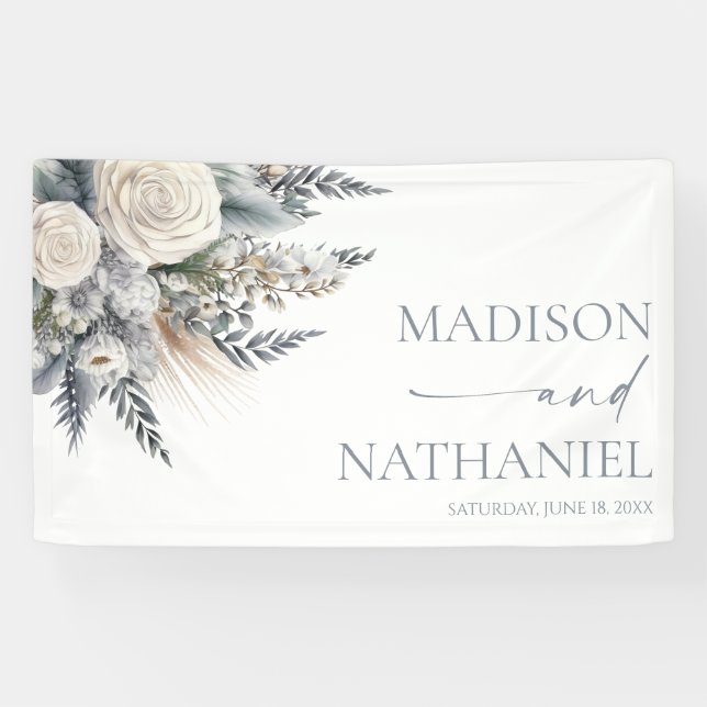 Banderoles Boho White Rose Floral Mariage Jardin (Horizontal)