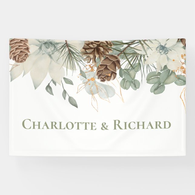 Banderoles Bois rustique vert avec Pinecones et noms (Horizontal)