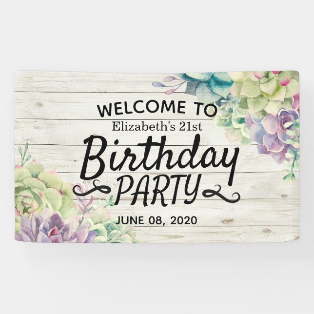 Banderoles Bonne fête d'anniversaire Succulent Bois rustique  (Horizontal)