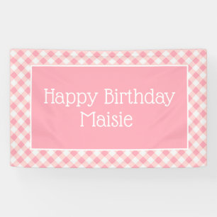 Banderoles Bonne Fête Rose Gingham Blanc Petite Fille