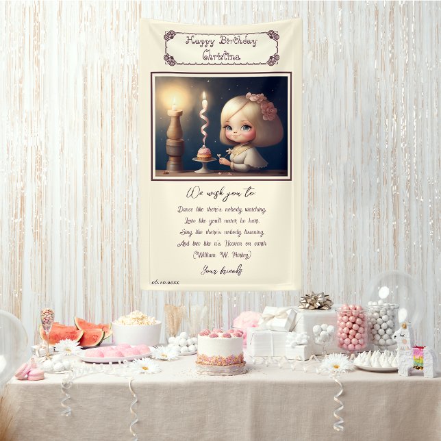 Banderoles Bonne fille anniversaire 01 (Customizable Happy Birthday Banner with the drawn of an adorable girl in front of a birthday cupcake)