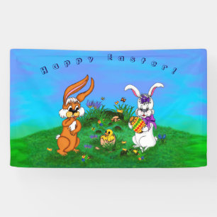 Banderoles Bonne Pâques ! Lapin avec lapin et poussin