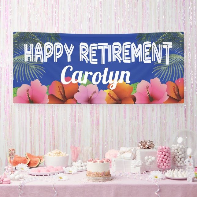 Banderoles Bonne retraite avec palmiers tropicaux et fleurs (Fête)