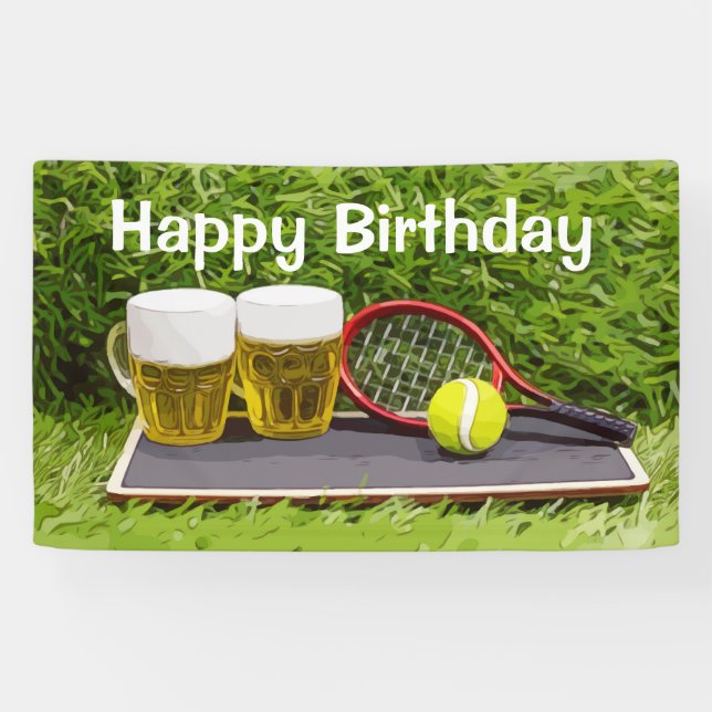 Banderoles Boule de tennis et verre de bière fête d'anniversa (Horizontal)