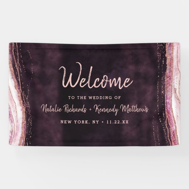 Banderoles Bourgogne et Rose Gold Geode Agate Mariage Bienven (Horizontal)