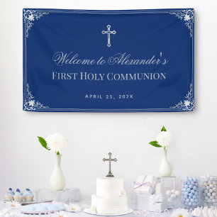 Banderoles Boy First Communion Royal Blue Vintage Calligraphi