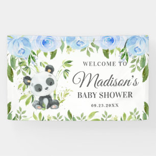 Banderoles Boy Panda Blue Floral Greenery Bamboo fond