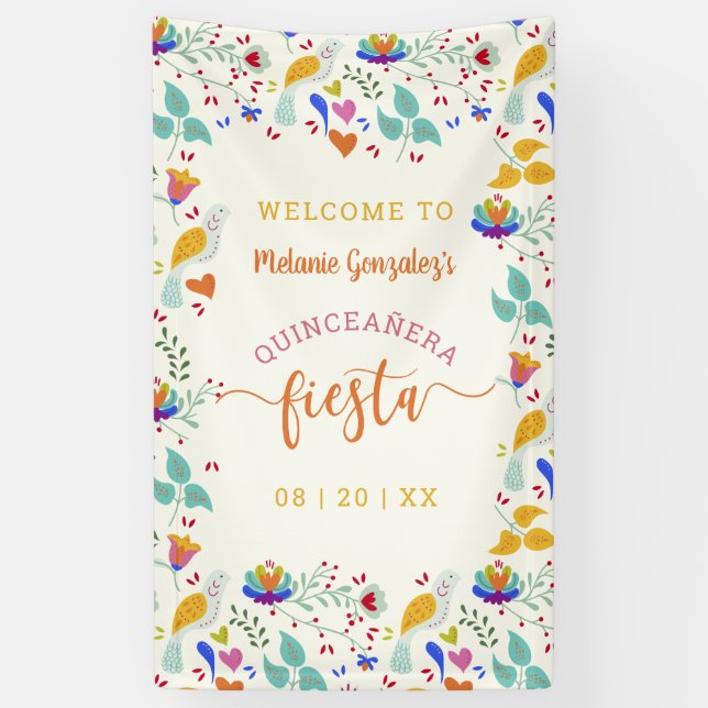 Banderoles Broderie florale Bienvenue Quinceañera Fiesta (Vertical)
