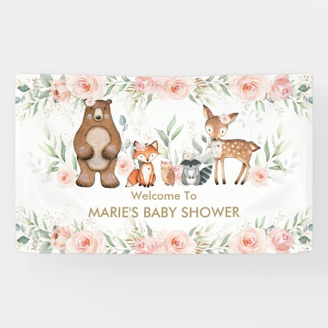 Banderoles Broussailler Floral Bois Baby shower animal arrièr (Horizontal)