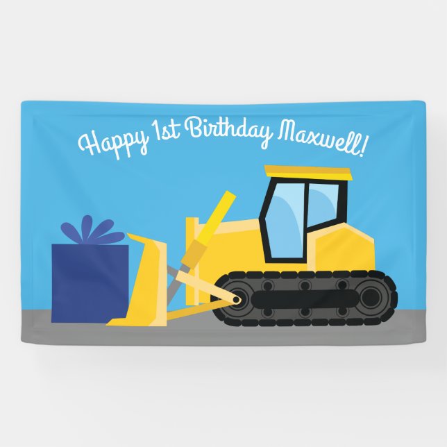 Banderoles Bulldozer Cute 1er Anniversaire Fête Construction (Horizontal)