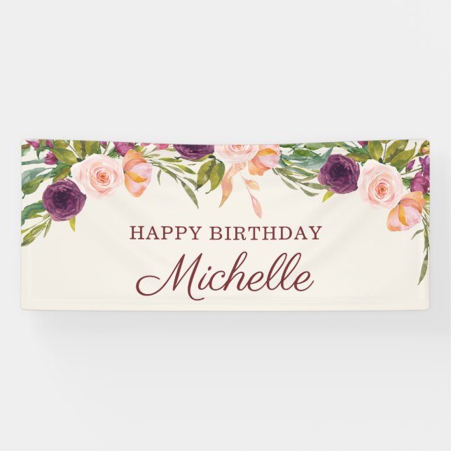 Banderoles Burgundy Brousse Rose floral personnalisé Joyeux a (Horizontal)