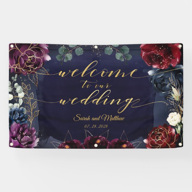 Banderoles Burgundy Navy 2 Bienvenue À Notre Mariage 3x5' (Horizontal)