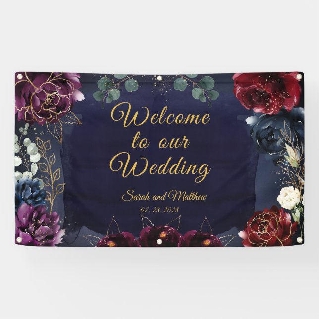 Banderoles Burgundy Navy Bienvenue À Notre Mariage 3x5' (Horizontal)