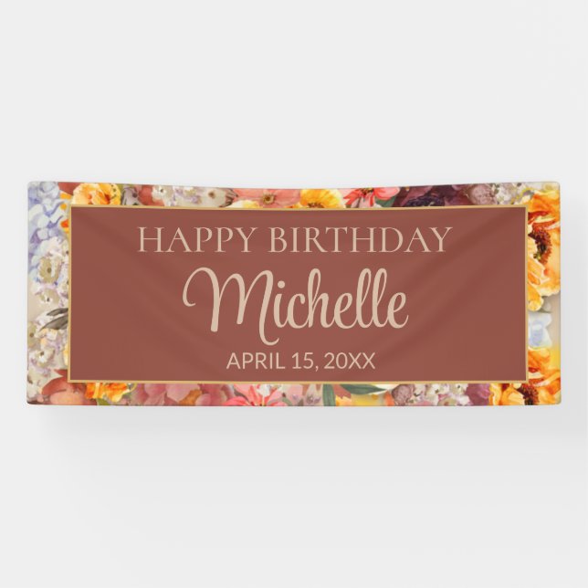 Banderoles Burgundy Orange Cream Floral Joyeux Anniversaire N (Horizontal)