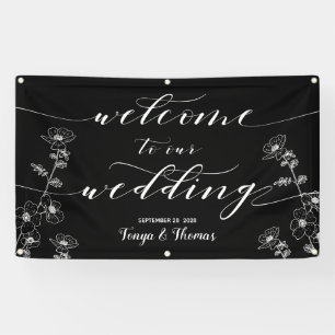 Banderoles Calligraphie blanche Floral Black Welcome Mariage