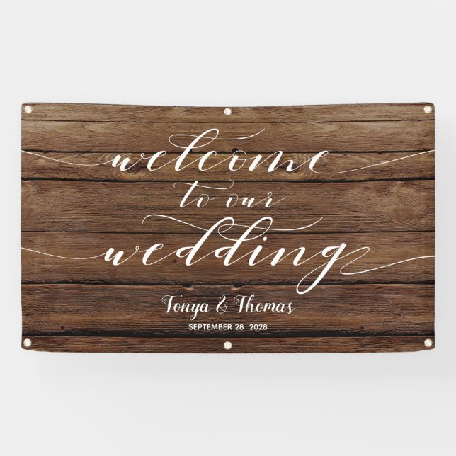 Banderoles Calligraphie blanche Mariage de bienvenue en bois  (Horizontal)