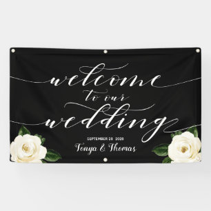 Banderoles Calligraphie de pivoine florale blanche Bienvenue 