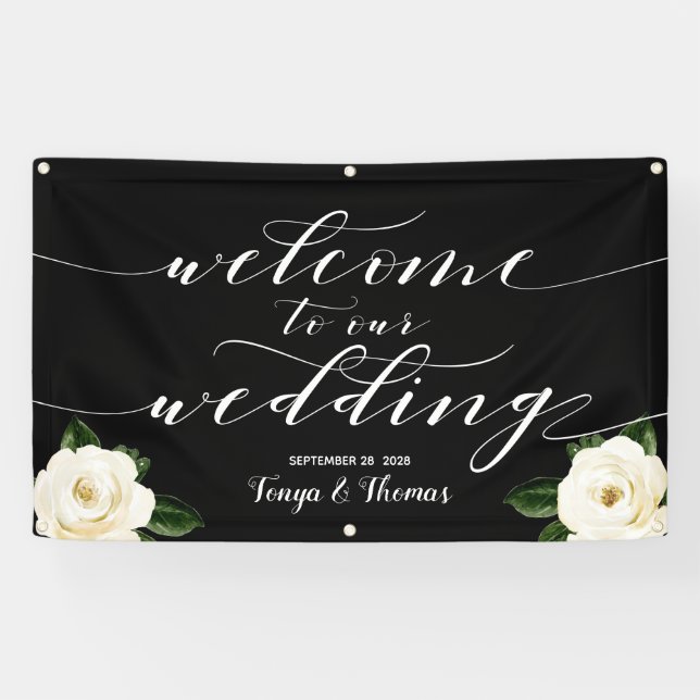 Banderoles Calligraphie de pivoine florale blanche Bienvenue  (Horizontal)