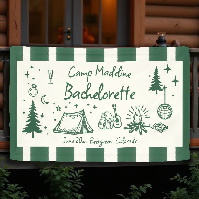 Banderoles Camp Bachelorette Camping Main Tirage Vert (camp bachelorette banner camping hand drawn written green stripes girls trip bach)