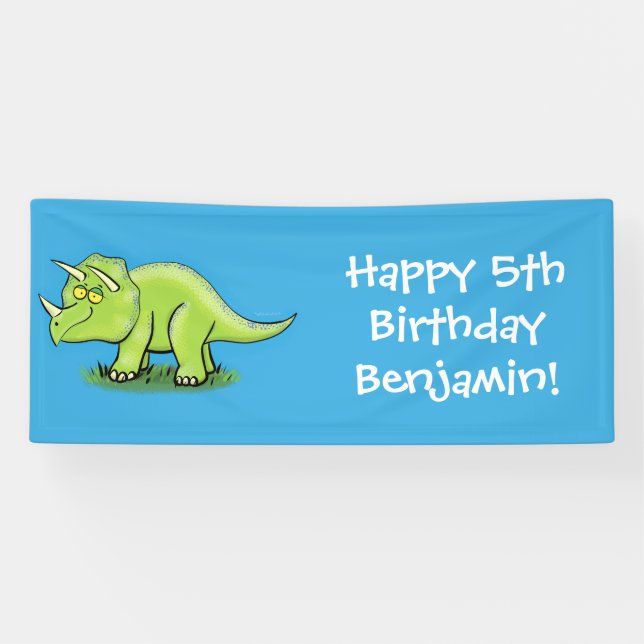 Banderoles Caricature de dinosaure de triceratops vert mignon (Horizontal)