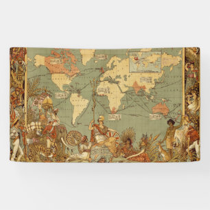 Banderoles Carte du monde Antique 1886 Illustré