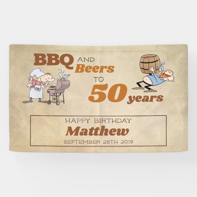 Banderoles Cartoon BBQ Et Bières 50e Anniversaire Thème Rusti (Horizontal)