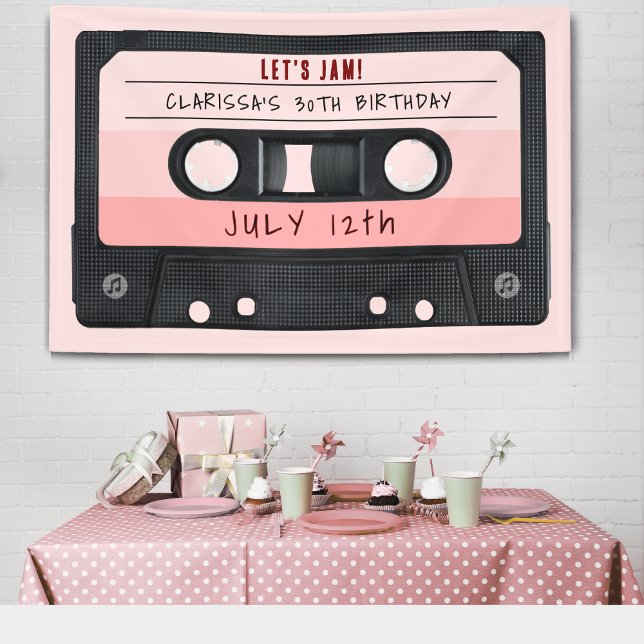 Banderoles Cassette Bande rose Retro Anniversaire (Cassette Tape Pink Retro Birthday Party Banner
)