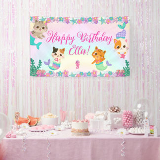 Banderoles Cat Meowmaid Fille Sirène Fête d'anniversaire